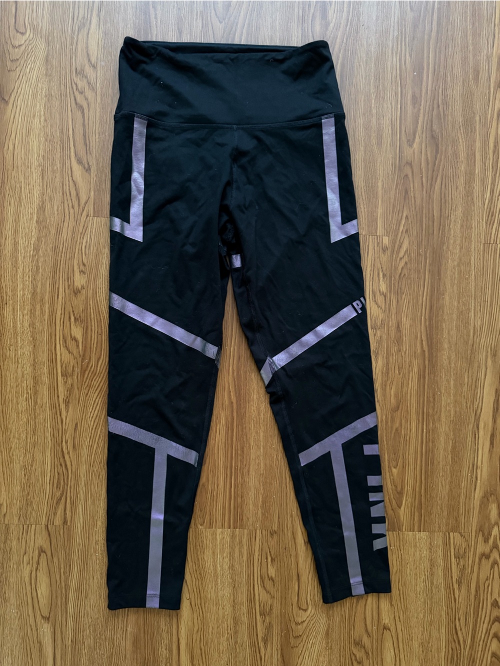 PINK Victoria's Secret Black Leggings with Purple Metallic Stripe Accents